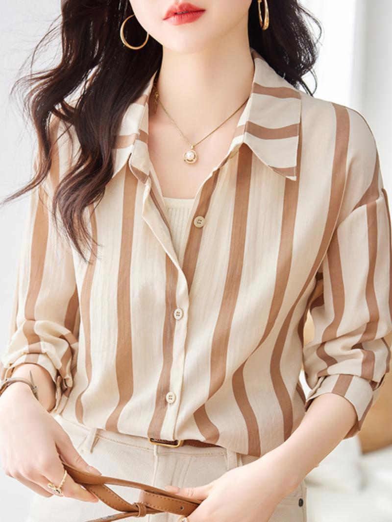 Women'S Formal Evening Wear Tops - قميص بأكمام طويلة مخطط للمشمش للنساء